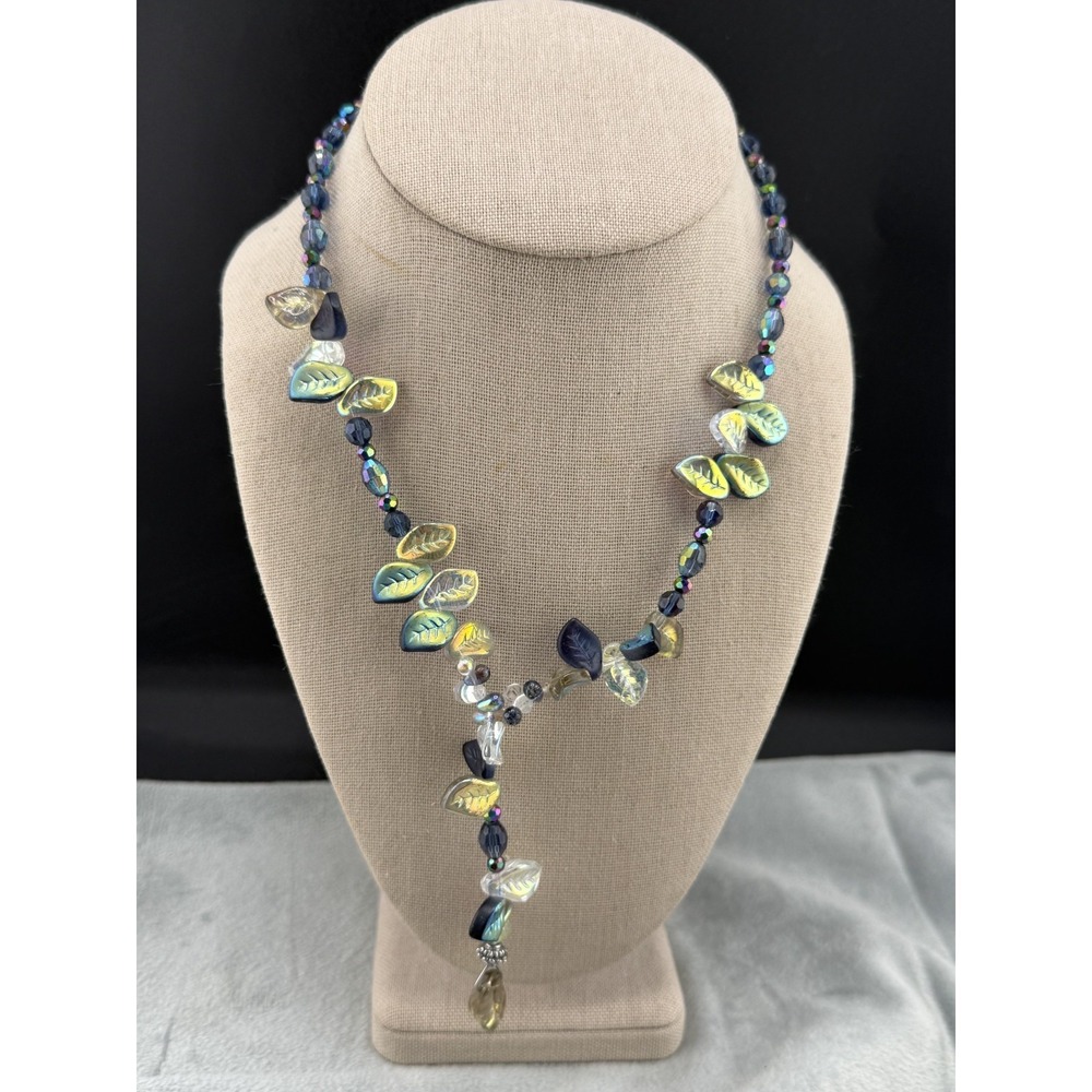 Cookie Lee Necklace Blue Green Glass Iridescent Leaf Silver Tone 18" Signed